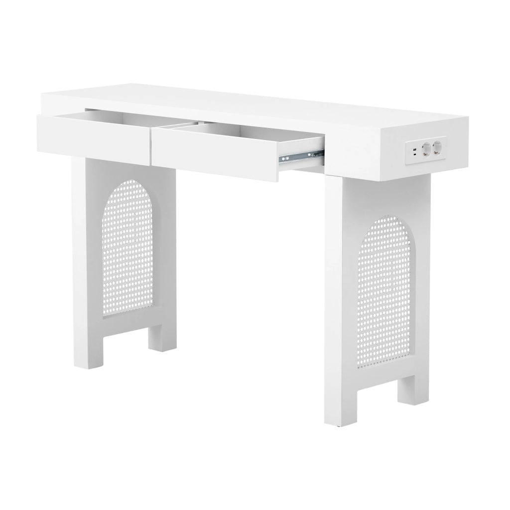 Consolle in MDF con 2 cassetti e presa integrata, design a griglia, per ingresso e soggiorno, bianco, 120 × 35,5 × 76,5 cm