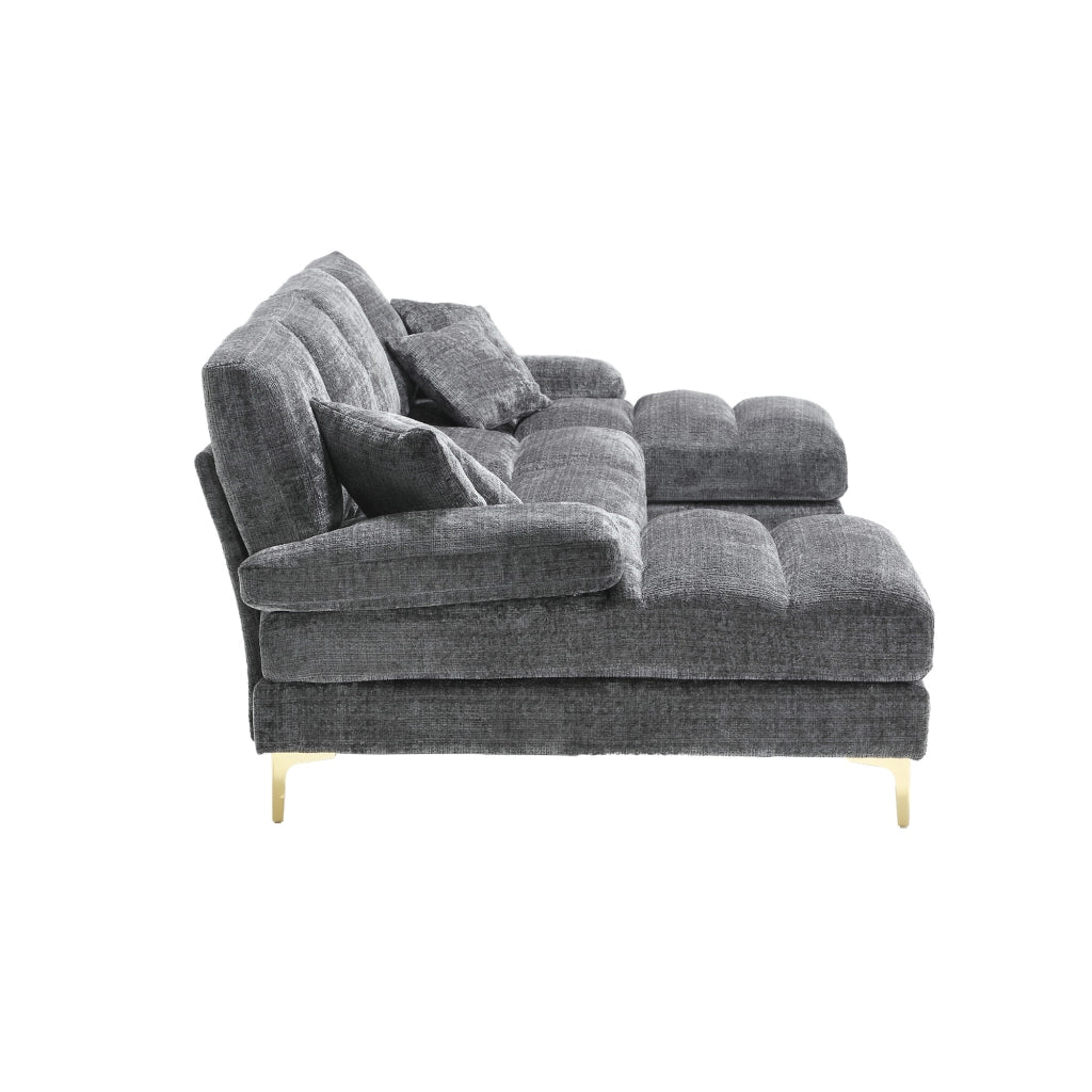 Divano sezionale U a 3 posti in chenille grigio con doppia chaise longue, piedi in metallo oro, 272x136x88 cm