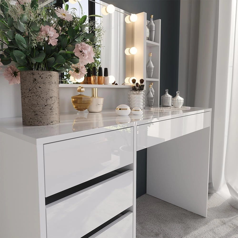 Tavolo da toeletta Sherry, Bianco/bianco lucido, 119.8 cm 5 parti, con illuminazione LED e grande specchio integrato