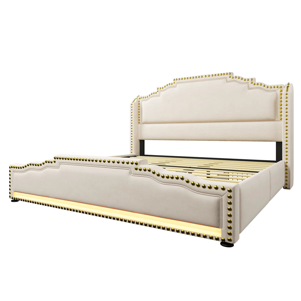 Letto con Cassetti 180 x 200 cm - 4 Cassetti; USB; Type-C e LED - Velluto Beige