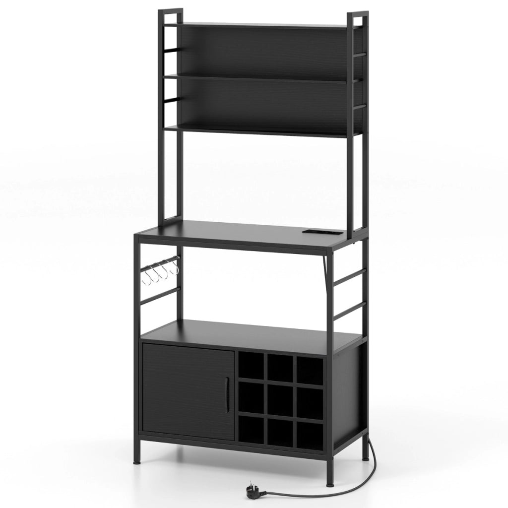 Scaffale da cucina da 170 cm con presa elettrica, Mobile per bar del caff¨¨ con ganci a S e supporti per bottiglie di vino Nero-Portabottiglie