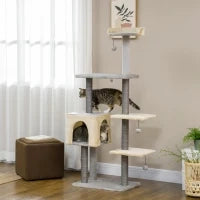 Tiragraffi per Gatti Alto 156cm con Lettino, Casetta e Pali Tiragraffi in Sisal