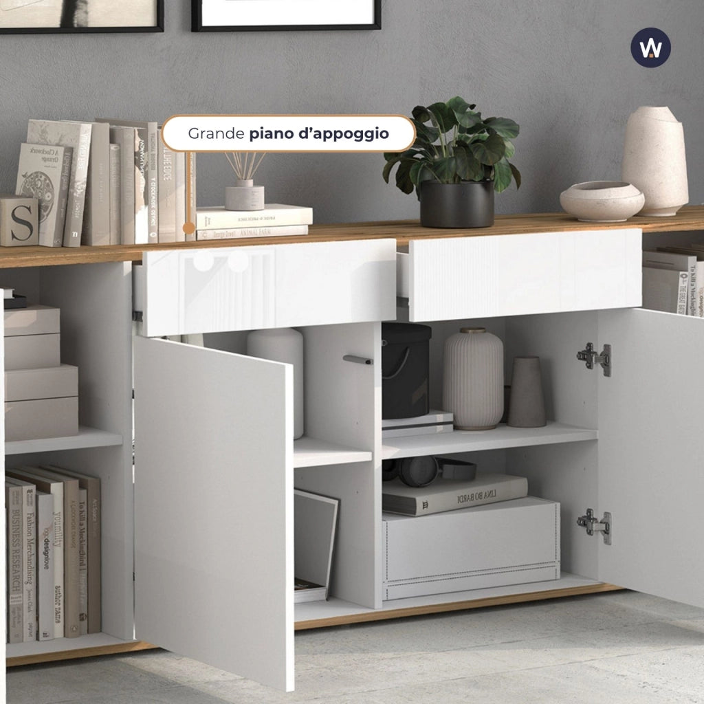 WHOUS Madia Garda a 4 ante e 2 cassetti bianco lucido e rovere 200x35x71 cm