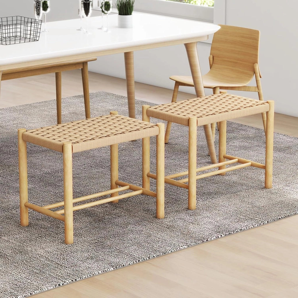 Set di 2 Sgabelli Intrecciata in Carta, Sgaballi Bassi da Soggiorno,Sgaballi Poggipiedi in Legno, Fino a 150 kg, 56 x 36 x 45 cm