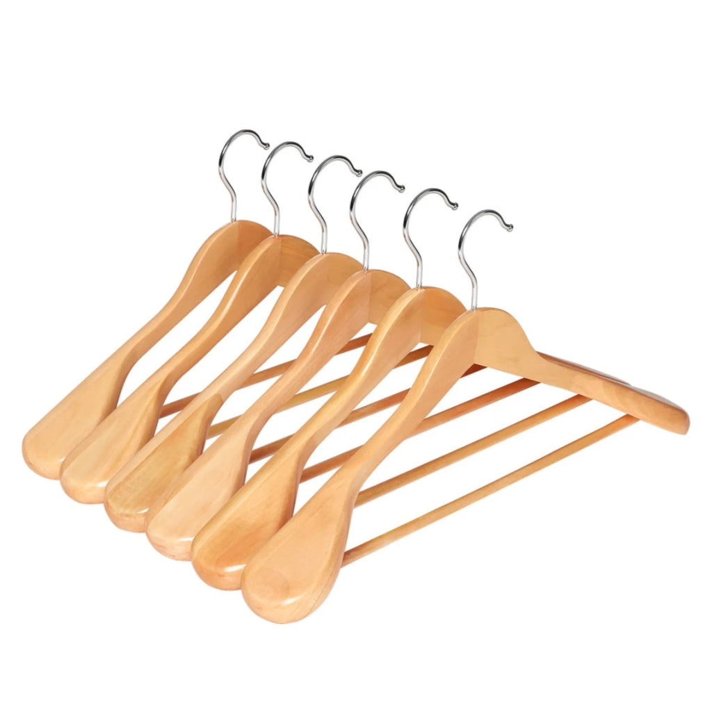 Confezione da 6 Grucce in Legno Massello con Spalle Extra Larghe Antiscivolo per Abiti Camicie Cappotti Giubbotti Pantaloni Ganci Girevoli a 360° Colore Legno 12_0003410