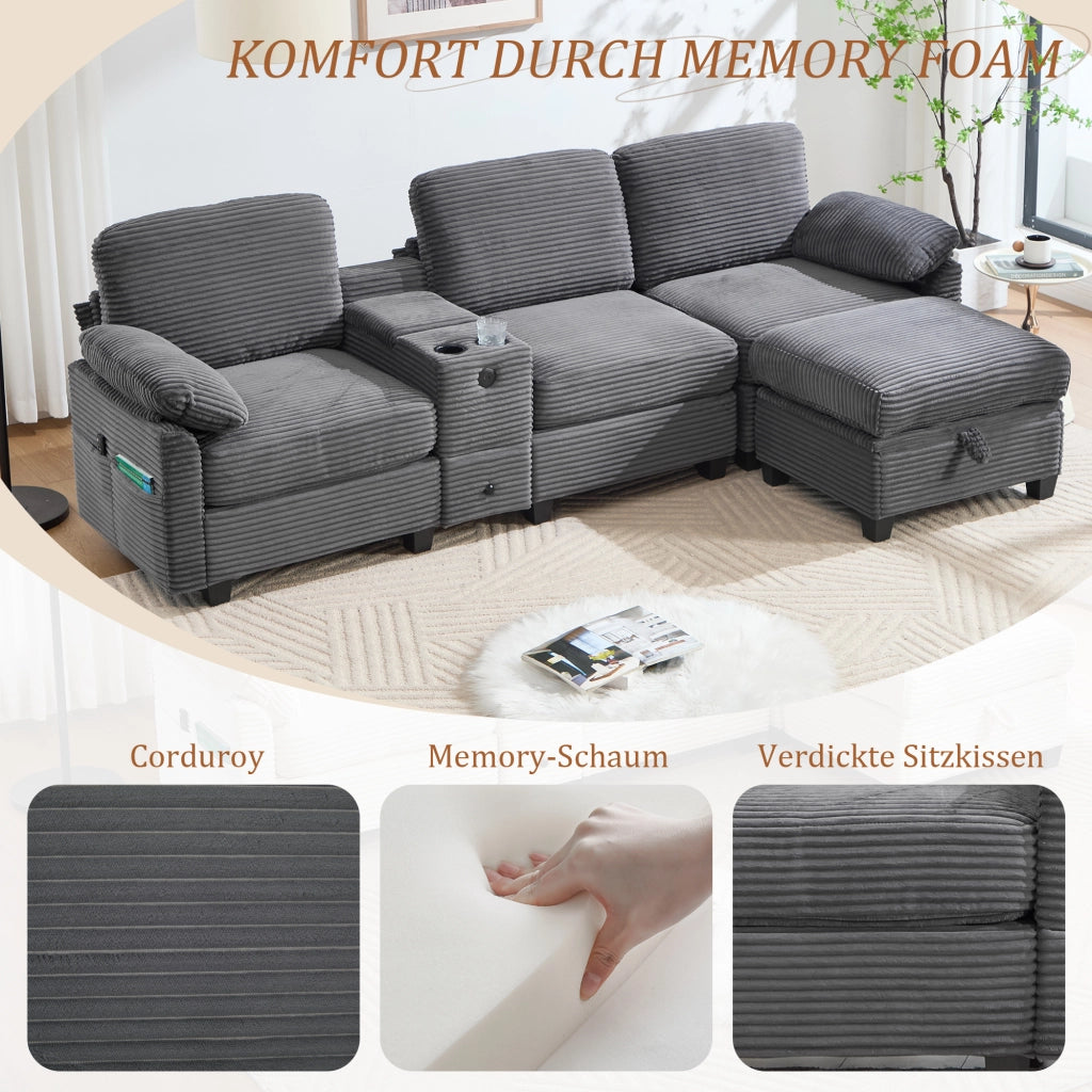 Divano con memory foam console scorrevole USB-C tasche laterali e pouf contenitore in velluto a coste grigio scuro