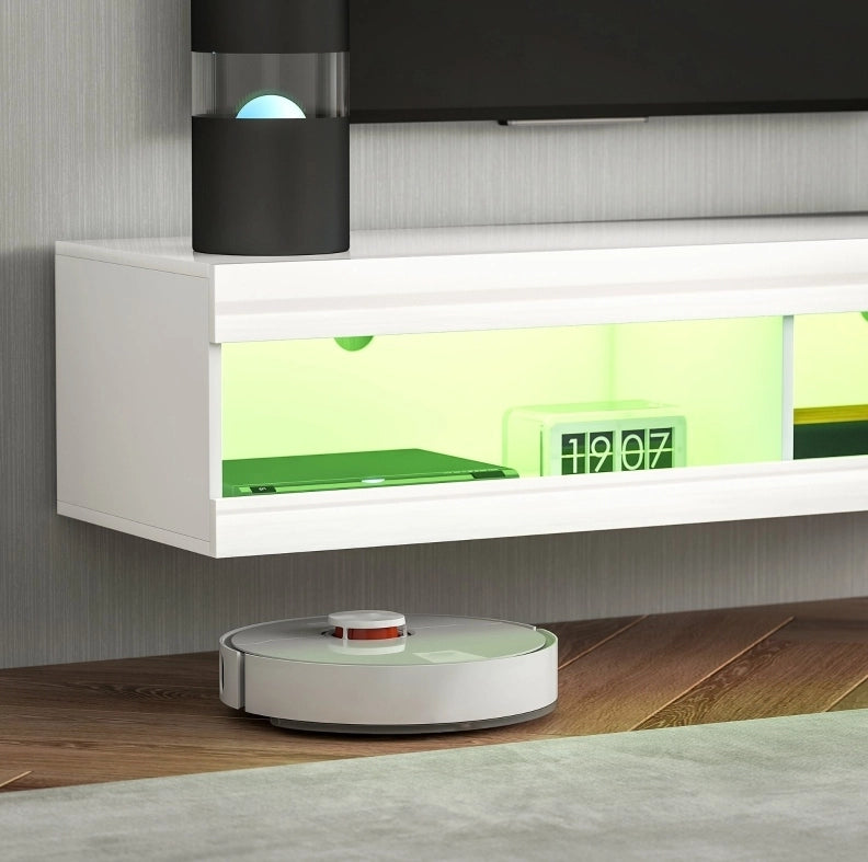 Mobile TV sospeso 140 cm bianco lucido con LED RGB e 2 vani aperti