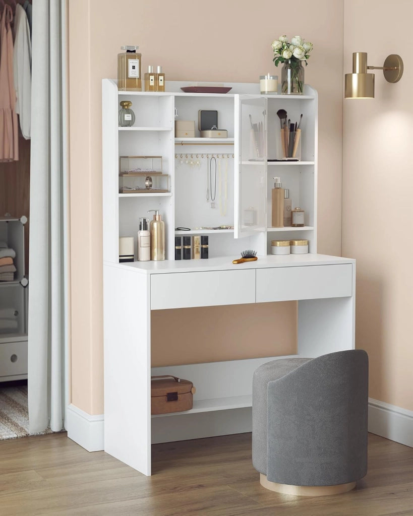 VASAGLE KAILYN Collezione - Toeletta con Luci LED 3 Colorazioni con LuminositàRegolabile, Tavolo da Trucco con Specchio, Ripiani Regolabili, 2 Cassetti, Postazione Trucco, Bianco RDT123T14