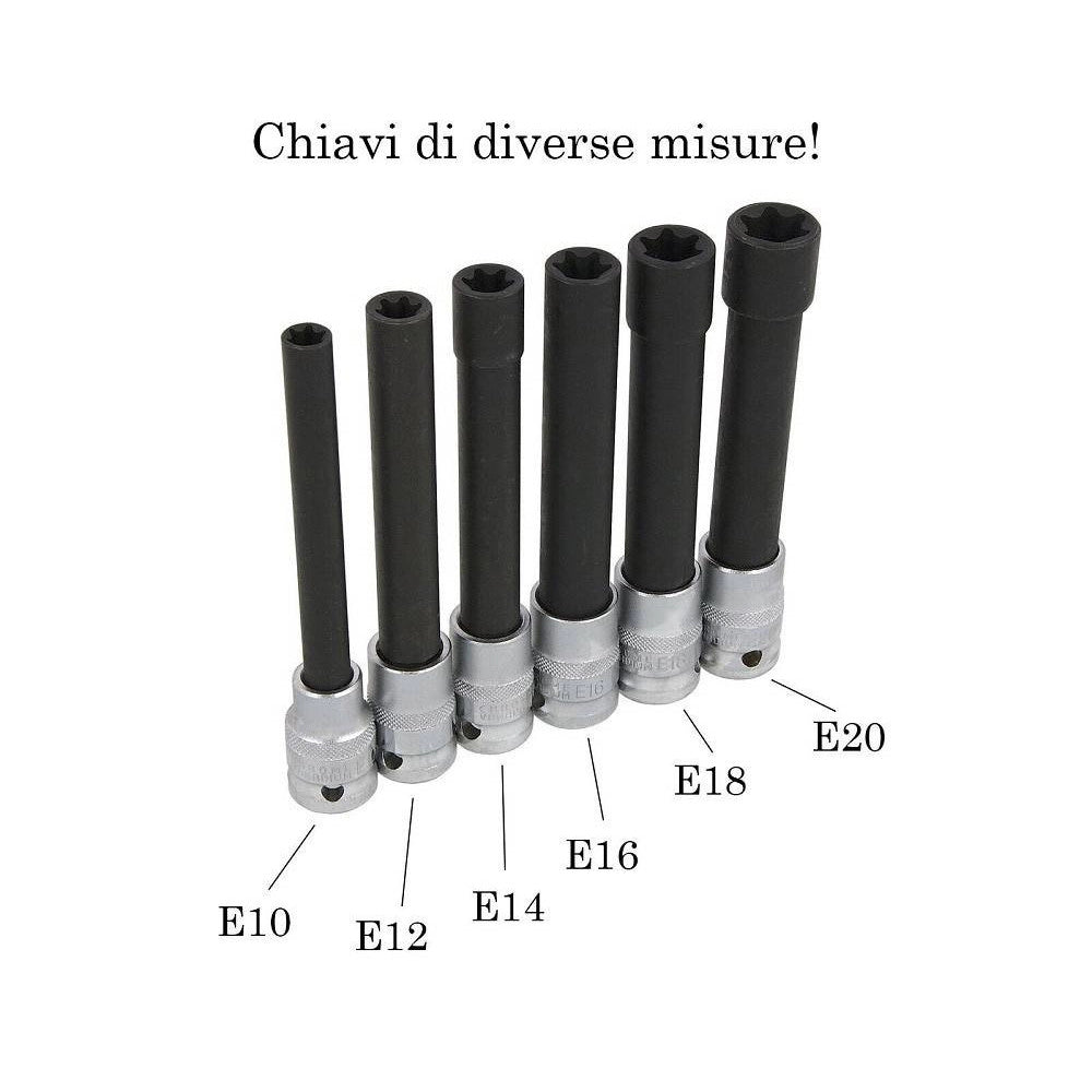Trade Shop - Bussola Chiavi Torx Femmina Set Lunghi E10-e20 Testa Cilindro Attacco 1/2 Quadro -