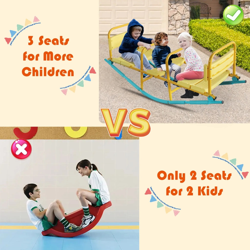 Altalena a bilico per 3 bambini, larghezza 132,99 cm. Gioco da esterno per giardino e scuola con sedili e schienali comodi, antiscivolo e ad alta sicurezza.