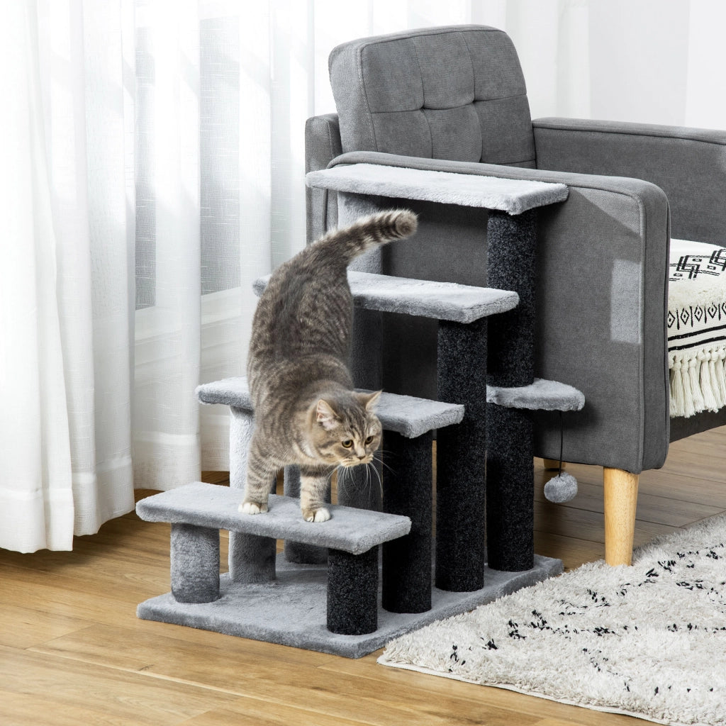 Scala per Gatti 4 Gradini con Pali Graffi ¨C zephmum ¨C Grigio 60x40x64 cm