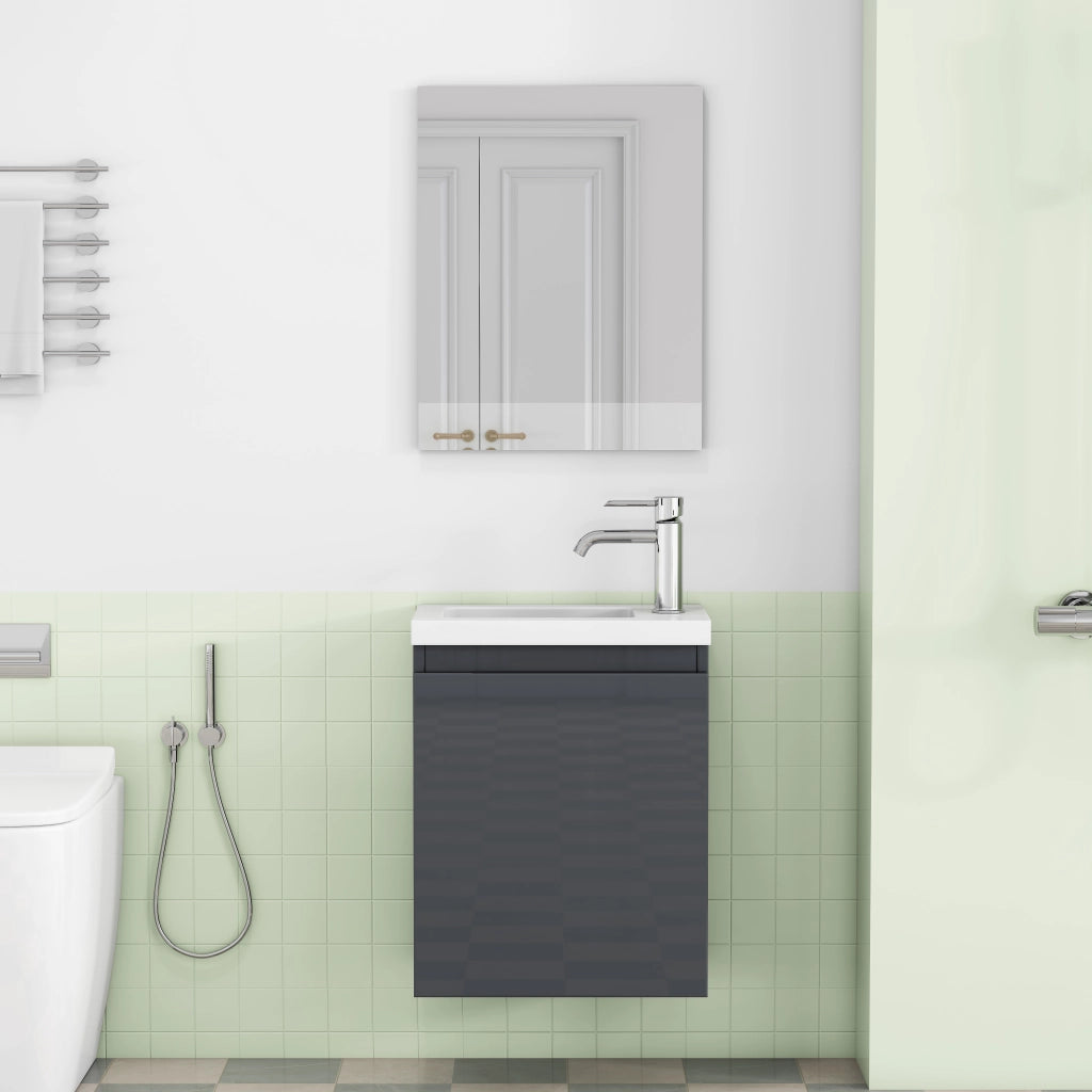 Mobiletto da bagno a parete da 40 cm, grigio lucido, con lavabo in ceramica e specchio, senza maniglie, cerniere con chiusura ammortizzata,