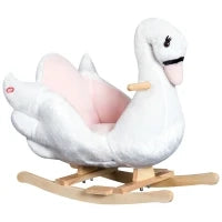 Cavallo a Dondolo a Forma di Cigno con Musica, Cavalluccio a Dondolo con Struttura in Metallo e Legno, Rivestimento Peluche, 60x32x55cm, Bianco