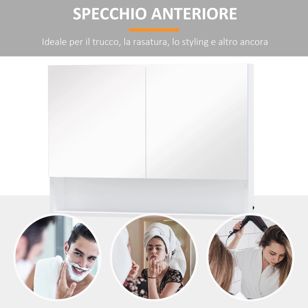 EasyComfort Armadietto con Specchio a Muro, Luci a LED, Ripiano Aperto e Ripiano Interno, 80x15x60cm
