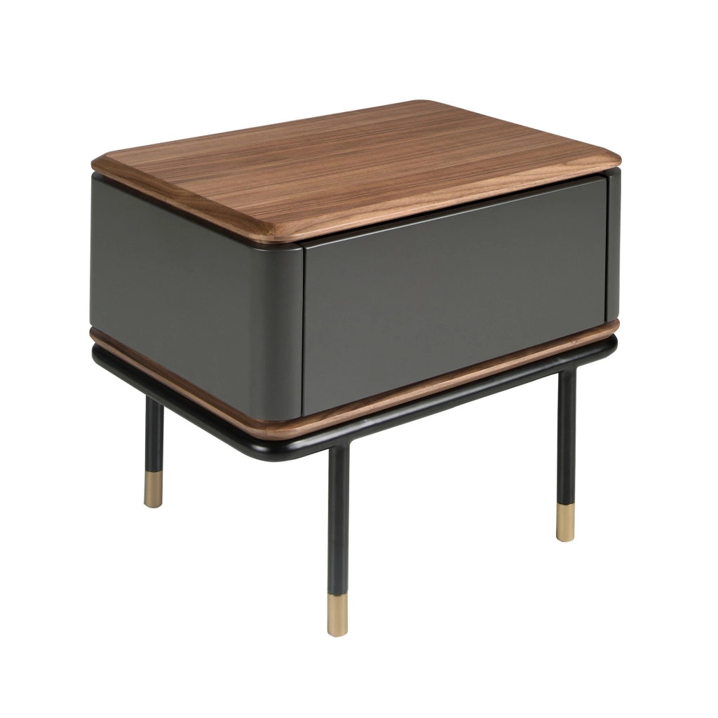 Comodino in legno grigio scuro opaco, acciaio nero e piano in noce