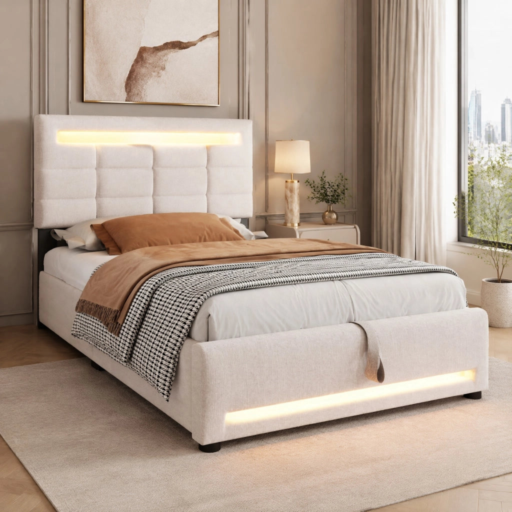 Letto imbottito 90x200 cm in lino beige con luci LED APP, USB e contenitore idraulico