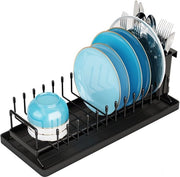Afdruiprek compact per cucina - Con mat di assorbimento in silicone, griglia in acciaio inossidabile per lavandino, ripiano per piatti spaziale, contenitore per posate