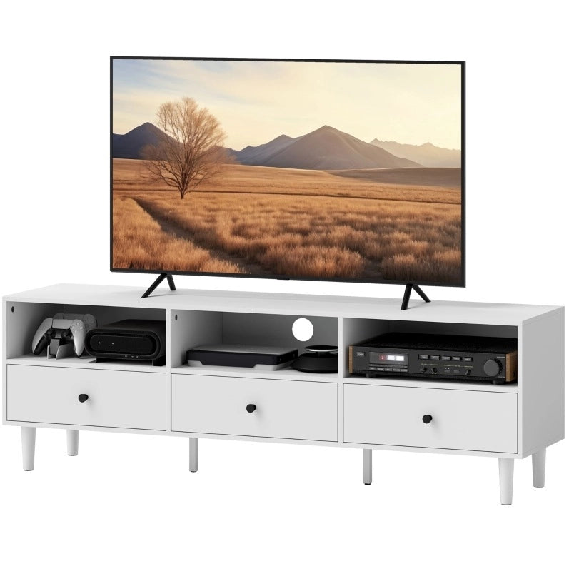 Mobile TV ULEVR 140x34x45 cm con 3 cassetti, 3 vani aperti e passacavi, bianco