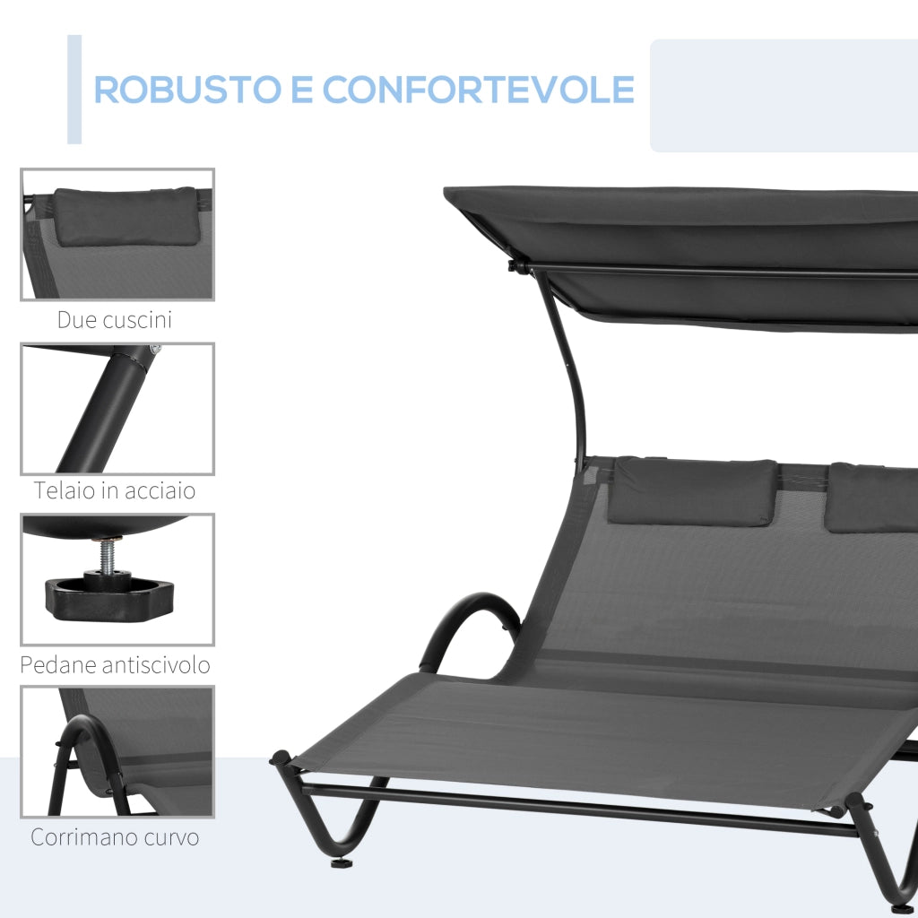 Lettino a 2 Posti Reclinabile con Ruote e Tetto ¨C Zephmum ¨C Grigio 200x137x138 cm