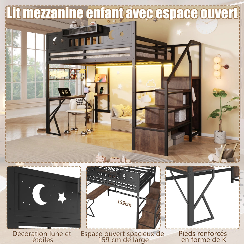 Letto a soppalco 140x200 cm con scrivania; pannello pegboard; ripiani; LED; USB e gambe a K; metallo nero