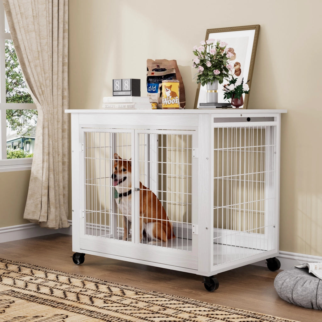 Cassa per cani in stile mobile con doppia porta, apertura superiore ribaltabile, ruote, pannelli in truciolare e acciaio bianco 80 × 56 × 69.5 cm