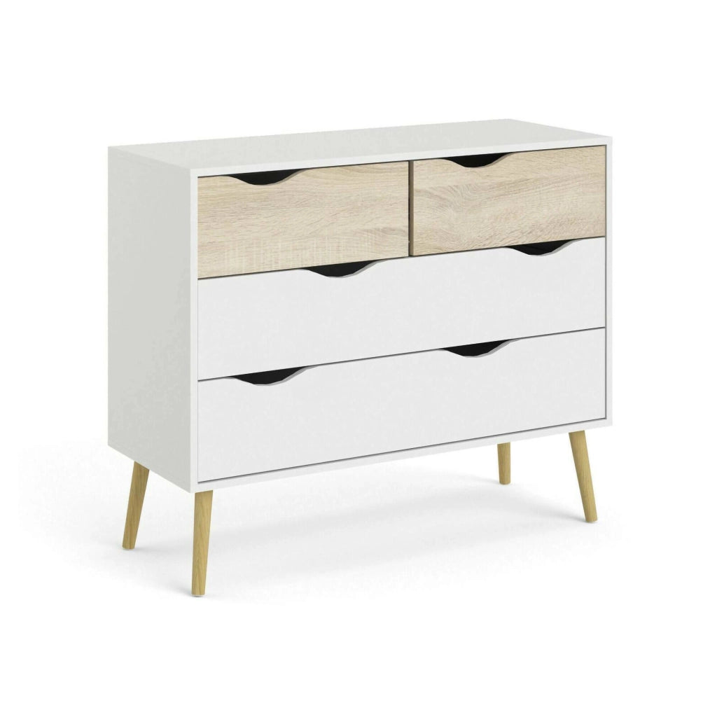 Cassettiera a quattro Azir, colore bianco e rovere, Misure 98 x 81 x 39 cm