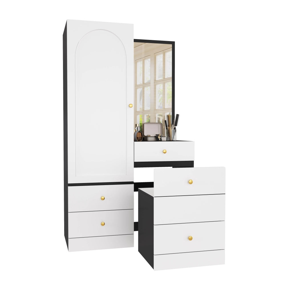 Toeletta con armadio laterale; specchio a figura intera; cassetto compartimentato e sgabello estraibile per camera; 90 × 50;5 × 160 cm