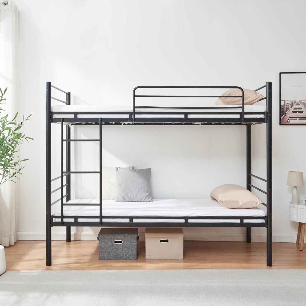 Letto a Castello Bevapis a 2 Posti con Materassi 90x200 cm Sponda Anticaduta e Scaletta - Nero [en.casa]