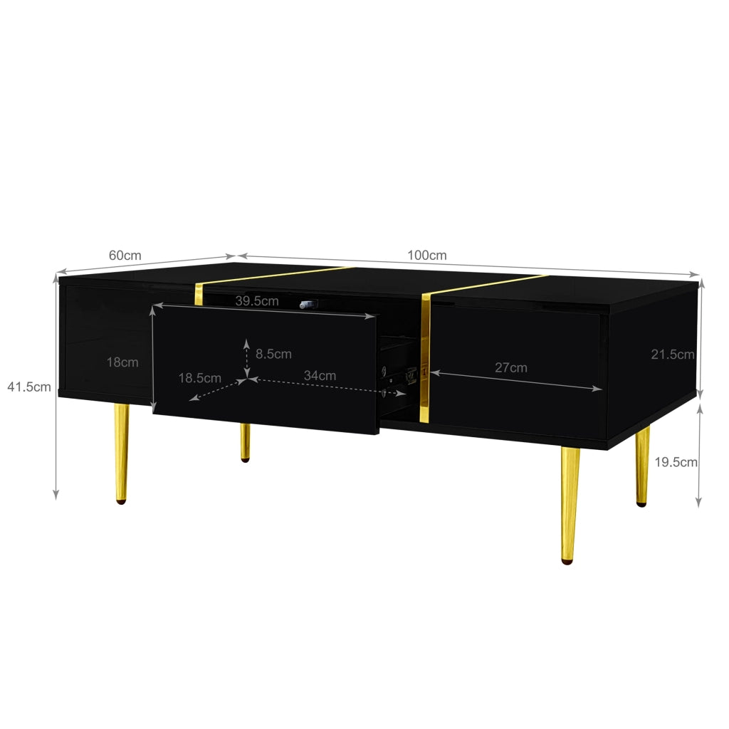 Tavolino da salotto con 2 Cassetti; Finitura Lucida; Dettagli Dorati; in MDF; Nero