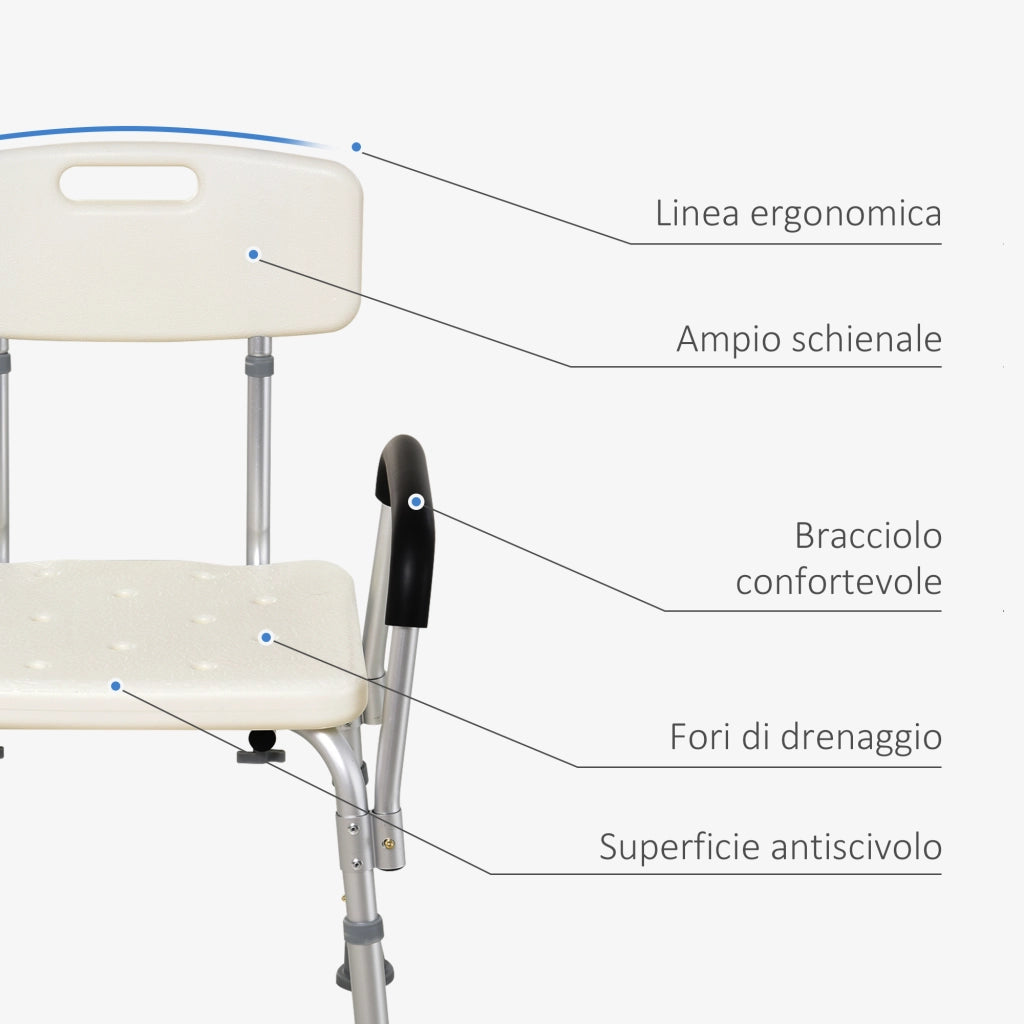 Sedia da Doccia in HDPE a 6 Altezze Regolabili con Schienale e Braccioli, 47x50x74-87 cm, Bianco e Argento
