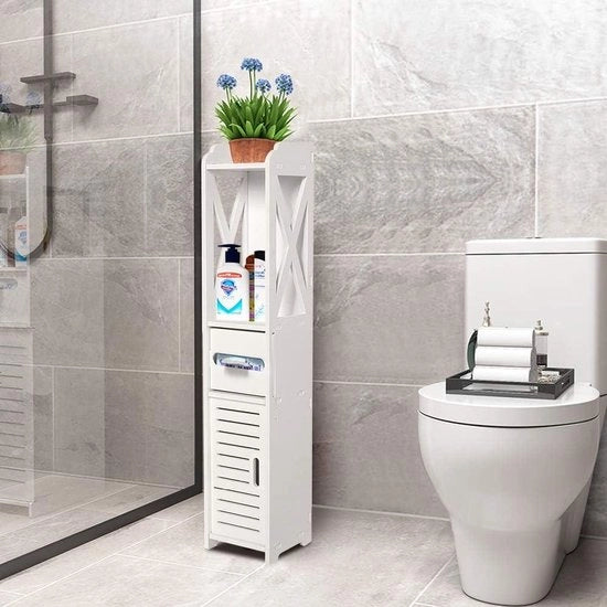 Cassa da bagno alta - armadio angolare con spazio aperto e ripiani - organizzatore per bagnoschiuma - 80 x 155 x 155 cm.