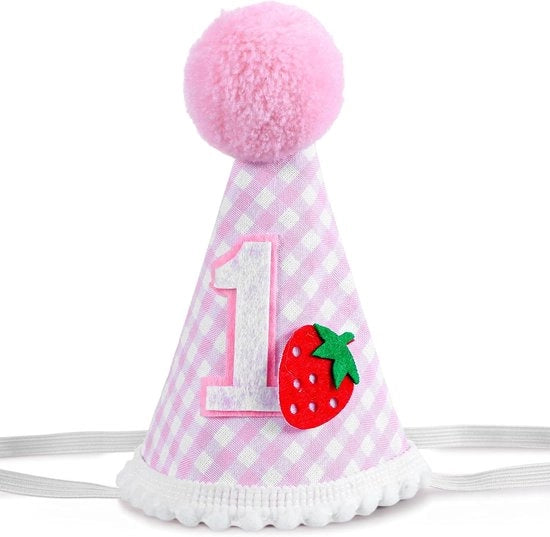 Cappello di compleanno 1 anno – Tema fragola con fiocchi – Corona rosa per bambine – Decorazione di festa per compleanni
