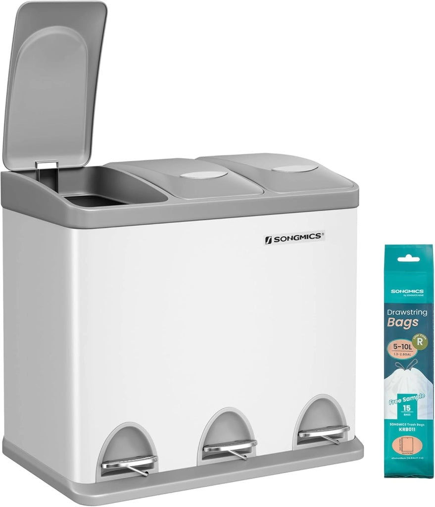 SONGMICS Cestino per Rifiuti da Cucina, 3 x 8 L Pattumiera Differenziata Piccolo Volume, Cestino Triplo in Acciaio, Pedali e Secchi Interni, Facile da Pulire, Argento e Nero LTB24L