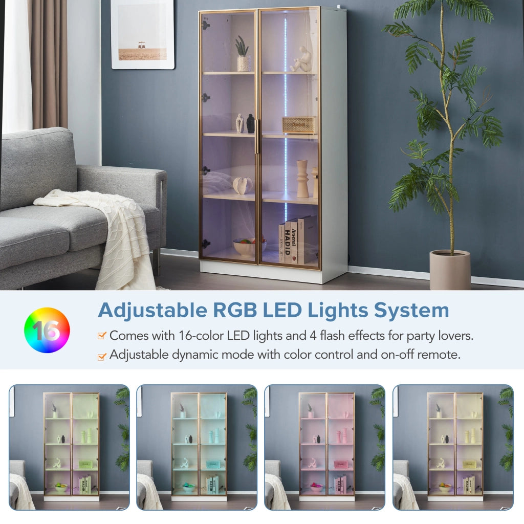 Vetrina con LED e 2 ante a battente, ripiani regolabili, per soggiorno, in pannello truciolare, bianco, 160 × 40 × 160 cm
