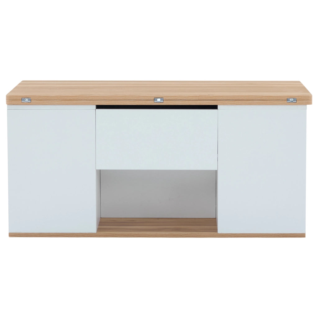 Tavolino da caffè 100x51x47 cm; piano sollevabile 2 in 1 con 2 cassetti; truciolare bianco e colore naturale