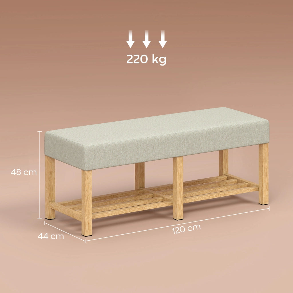 Panca scarpiera con seduta imbottita e ripiano ¨C Xylo ¨C Legno massello di hevea naturale 120x44x48cm