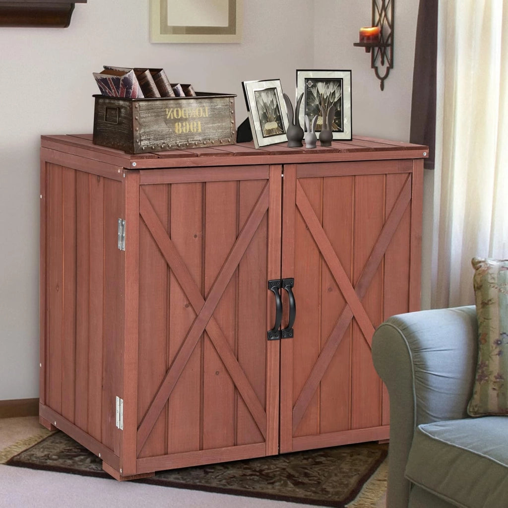 Casetta da Giardino in Legno di Abete, Capanno da Esterno con Doppie Ante Magnetiche e Comode Maniglie, Ideale per Giardino, Giardino, Fattoria e Cortile, 77 x 56 x 72 cm