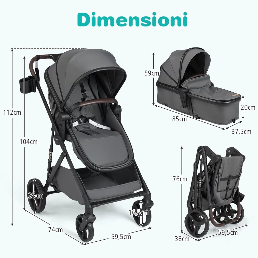 2 in 1 Passeggino Leggero Pieghevole per Bambini, con Schienale Regolabile, Sedile Reversibile, Tettuccio, Cestello Portaoeggetti, per Neonati per 0-36 Mesi (Grigio)