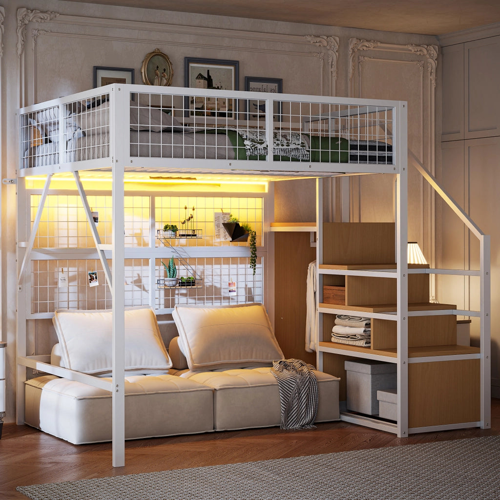 OKWISH Letto soppalco 140×200 cm, Letto Matrimoniale con Scala con Contenitori, LED con App e Rete di Sicurezza, senza Materasso, Bianco