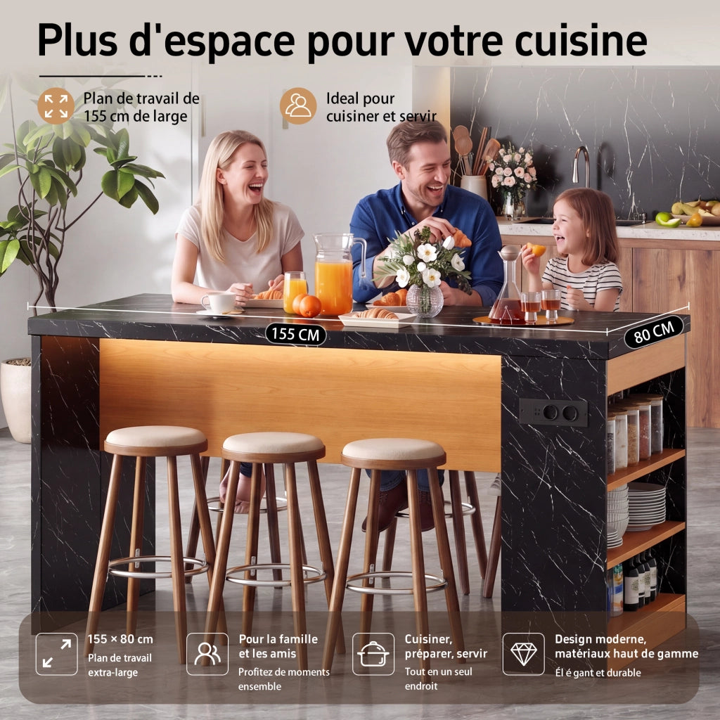Carrello da cucina con 3 vani aperti; prese 2 AC 2 USB e LED; per cucina e sala da pranzo; 155 × 80 × 90 cm