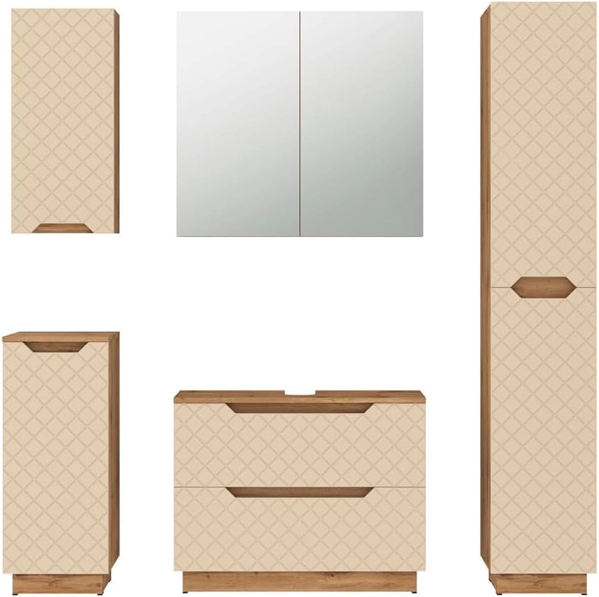 Set di mobili da bagno Lotta, Rovere/cashmere con struttura in piastrelle, 5 parti