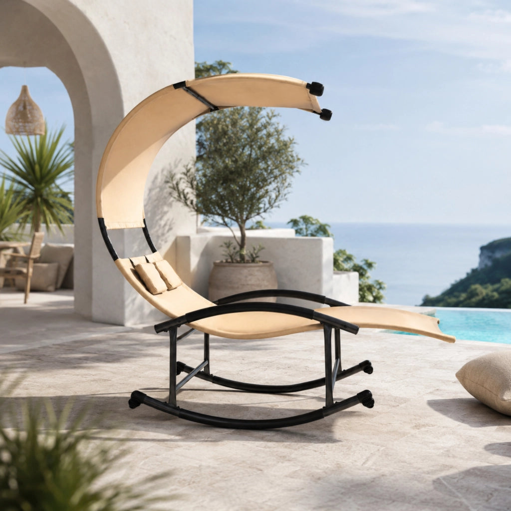 Lettino 2 Posti Dondolo Con Parasole Integrato Ideale Per Giardino Piscina Outdoor Design Ergonomico In Textilene Traspirante Struttura In Acciaio E Cuscini Inclusi 140x200x185 Cm Beige