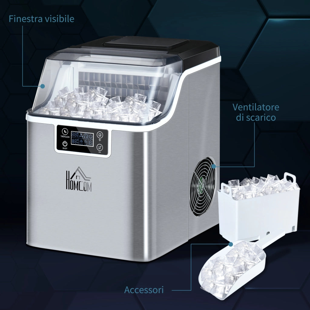 EasyComfort Macchina Ghiaccio 20kg in 24 Ore, 24 Cubetti in 14-18 Minuti con Dimensione Regolabile, Serbatoio 3.2L e Sistema Autopulente, Argento