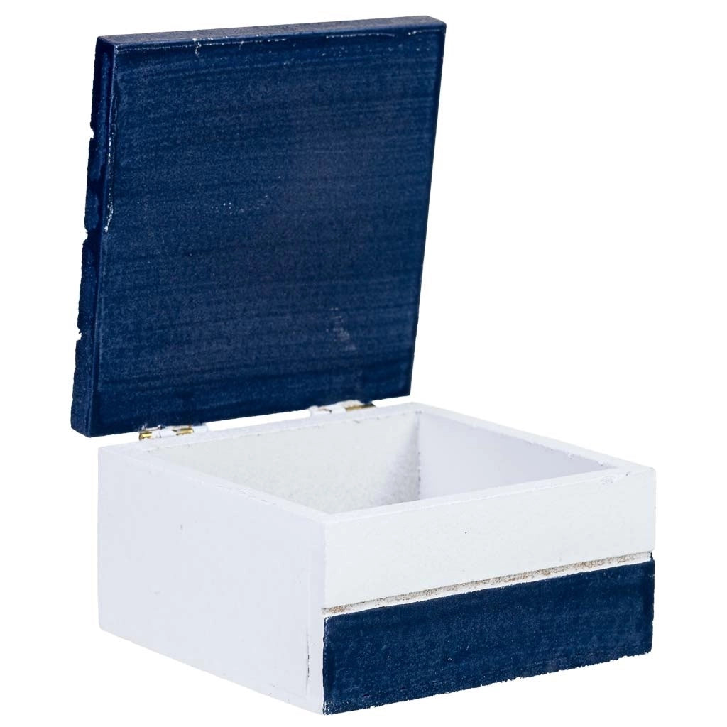 Scatola decorativa in legno con timone blu, 9 x 9 x 6 cm