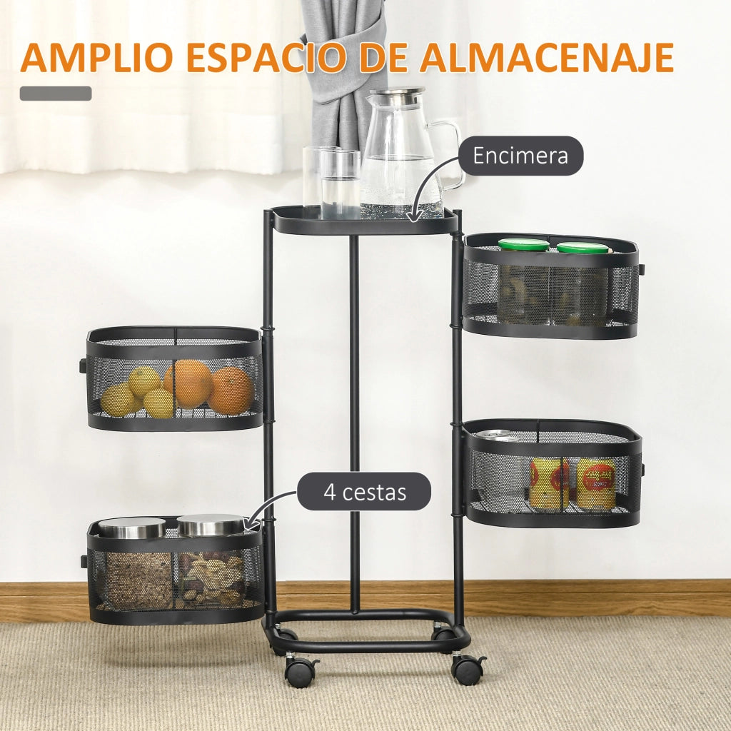 Carrello Ausiliario 5 Ripiani con Ruote ¨C Xylo ¨C 4 Cestini Girevoli 270¡ã 33x33x77cm Nero