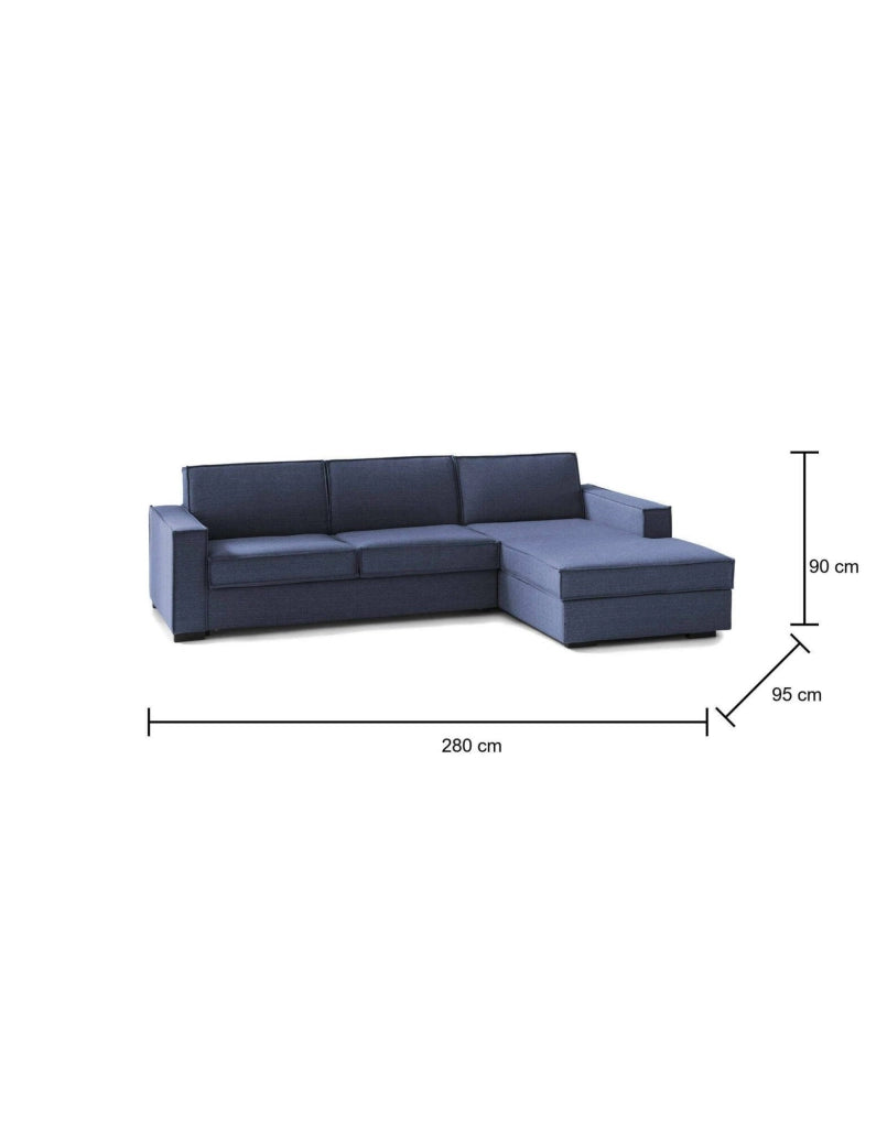 Ametrino, Divano Fisso con Penisola Sfoderabile Made in Italy, 280x95 cm blu