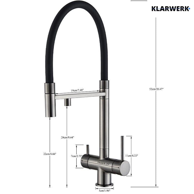 Lana | Rubinetto estraibile grigio nero a 3 vie | Miscelatore cucina per acqua potabile in acciaio inossidabile | Girevole a 360° Filtra 3 connessioni