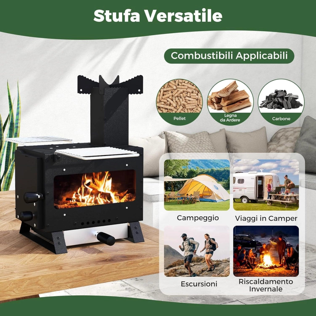Barbecue a Carbonella, Stufa a Legna Portatile con Porta Pentole, Teglia da Forno e 2 Griglie, Grill da Esterno per Campeggio e Viaggio in Camper, Escursioni, 54 x 36 x 44 cm