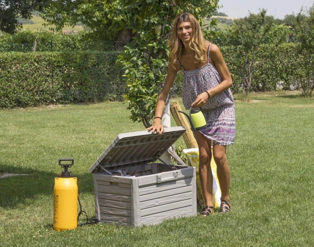 Baule da esterno e interno Compact Box Florida 120 litri con seduta effetto legno colore grigio tortora Toomax