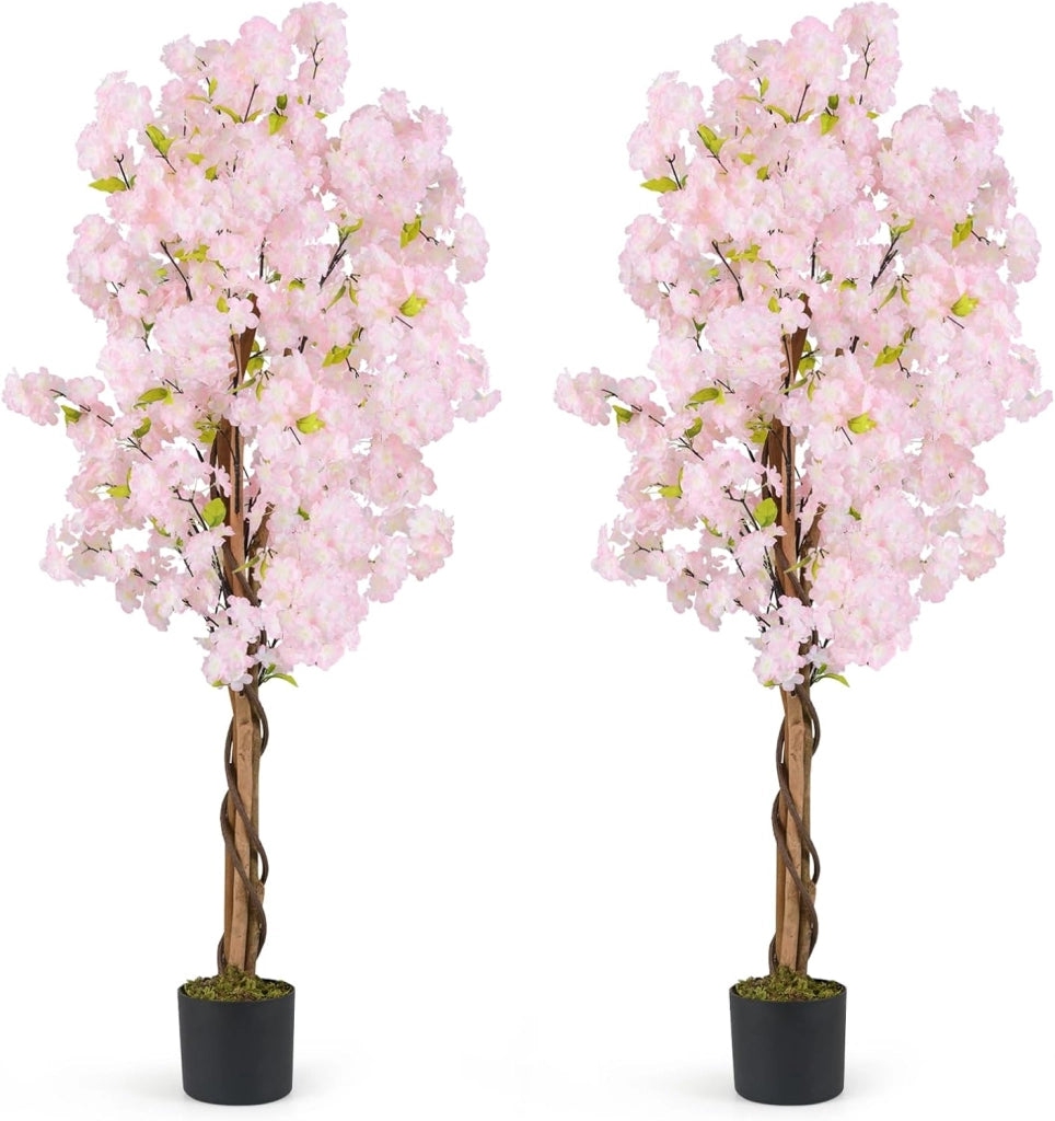Set di 2 Piante Artificiali di Sakura, Pianta Artificiale 150 cm in Vaso, Falso Albero di Ciliegio con Fiori Rosa, Albero Artificiale Decorativo per la Casa